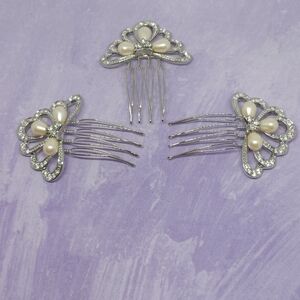 Vintage Monet Set Of 3 Silver Tone Faux Pearl Hair Combs